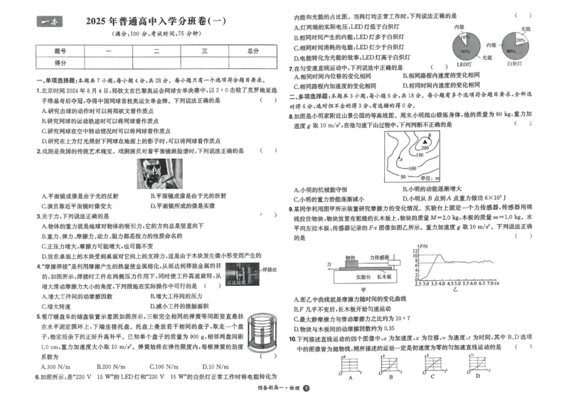 2025秋《一本&bull;初升高预备新高一》物理开学分班考_一本预备新高一语数英物化生25年