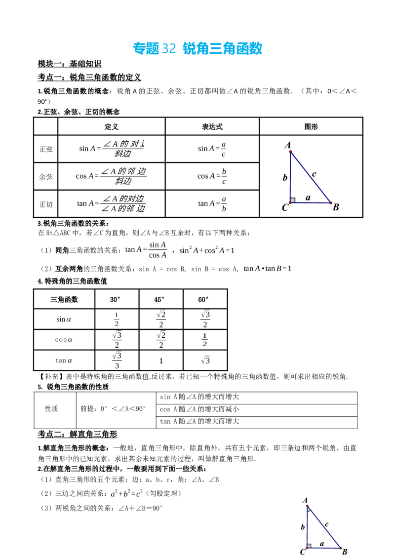 专题32锐角三角函数（解析版）_中考数学一轮复习word_解析版