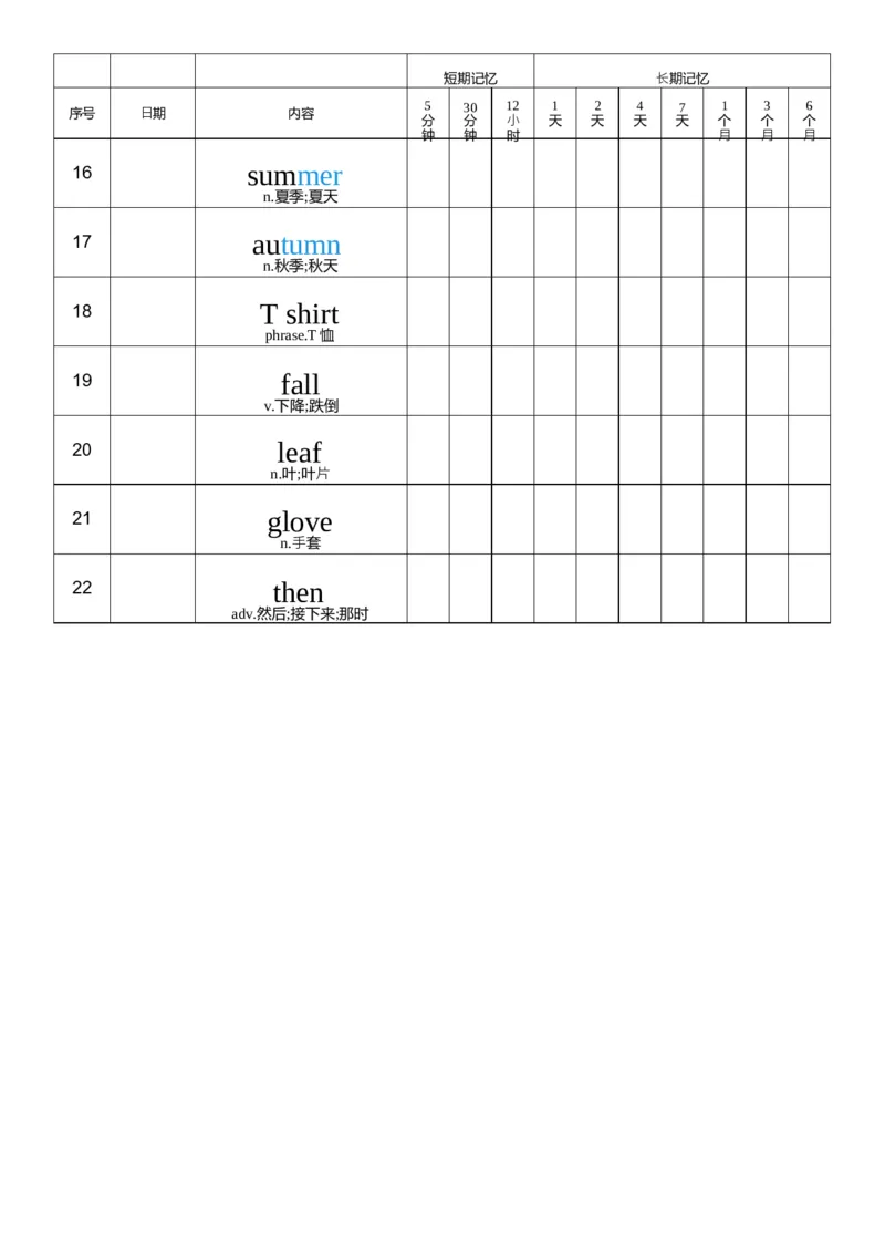 U6艾宾浩斯记忆表_26春四年级上下册人教版_四上英语合集人教版PEP英语四年级上册新教材（教学视频+课件+动画+音频+练习+教案）_05单词背诵默写8套（word+pdf）_word版