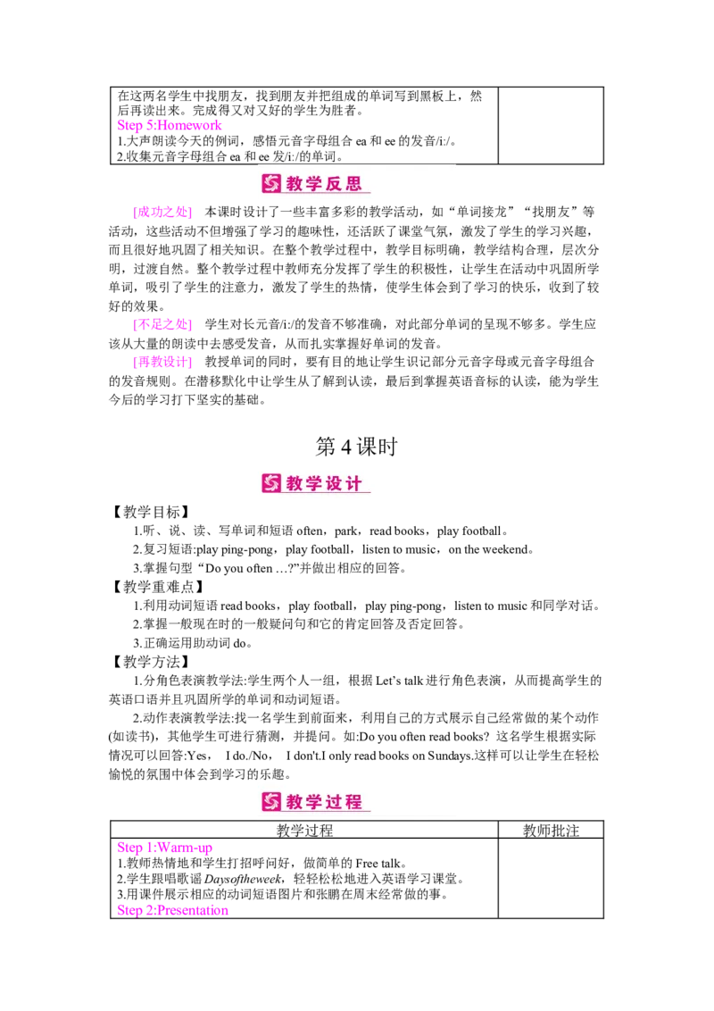 Unit2　Myweek_26春四年级上下册人教版_四上英语合集人教版PEP英语四年级上册新教材（教学视频+课件+动画+音频+练习+教案）_19同步教案课件_人教pep3_3-6上册_《梓耕教育教案》