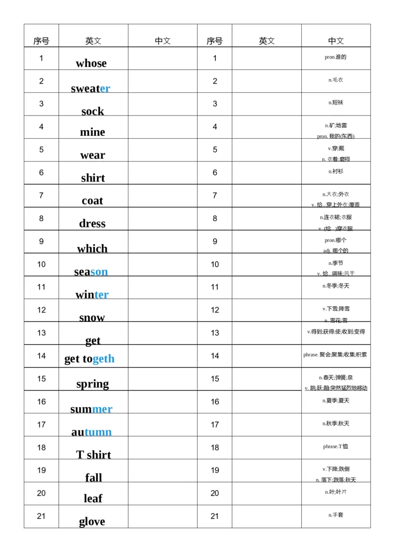 U6英汉互译小纸条_26春四年级上下册人教版_四上英语合集人教版PEP英语四年级上册新教材（教学视频+课件+动画+音频+练习+教案）_05单词背诵默写8套（word+pdf）_word版