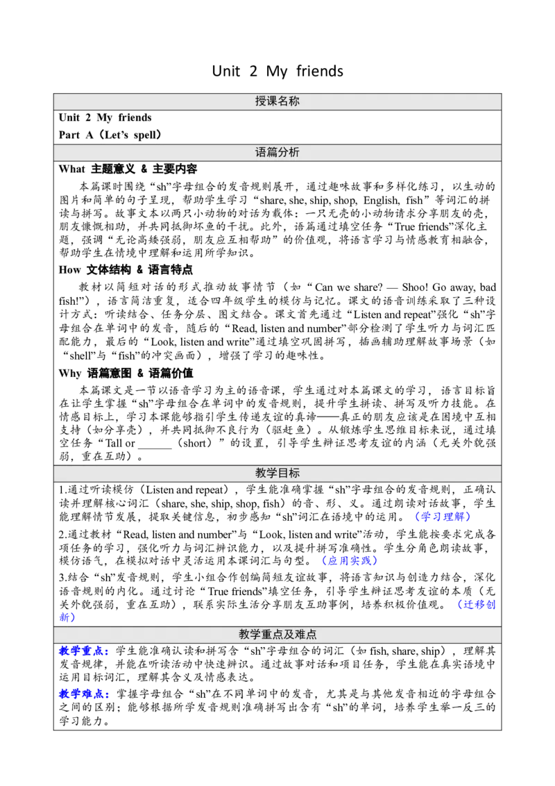 Unit2Myfriends教案_26春四年级上下册人教版_四上英语合集人教版PEP英语四年级上册新教材（教学视频+课件+动画+音频+练习+教案）_19同步教案课件_人教pep3_3-6上册