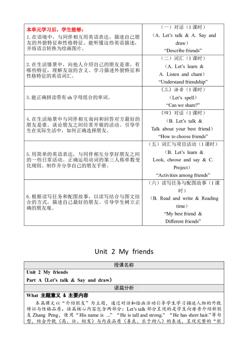 Unit2Myfriends教案_26春四年级上下册人教版_四上英语合集人教版PEP英语四年级上册新教材（教学视频+课件+动画+音频+练习+教案）_19同步教案课件_人教pep3_3-6上册