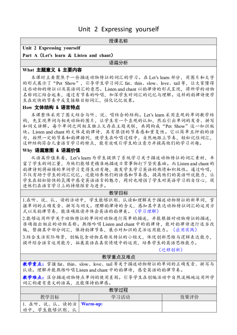 Unit2Expressingyourself教案(1)_26春四年级上下册人教版_四上英语合集人教版PEP英语四年级上册新教材（教学视频+课件+动画+音频+练习+教案）_19同步教案课件_人教pep3_3-6下册_2025春_教案