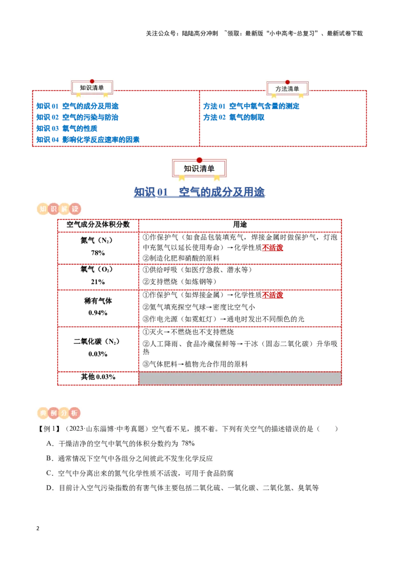 专题02空气氧气（原卷版）_02中考总复习（2026版更新中）_05-化学-中考总复习_2024年中考复习资料_一轮复习资料_完口袋书2024年中考化学一轮复习知识清单