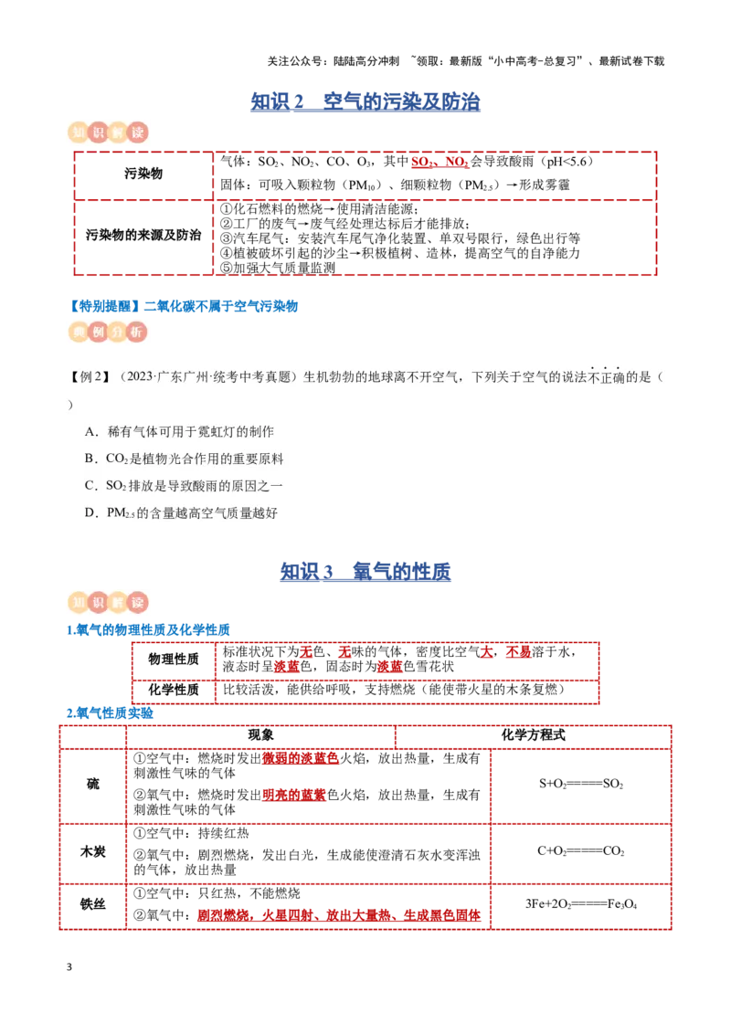 专题02空气氧气（原卷版）_02中考总复习（2026版更新中）_05-化学-中考总复习_2024年中考复习资料_一轮复习资料_完口袋书2024年中考化学一轮复习知识清单
