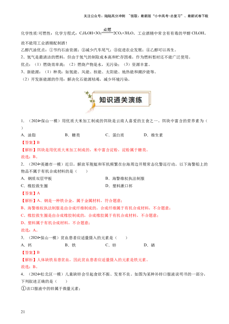 专题04化学与社会（解析版）_02中考总复习（2026版更新中）_05-化学-中考总复习_2024年中考复习资料_三轮复习_查漏补缺2024年中考化学复习冲刺过关（全国通用）_查补知识&bull;通关练