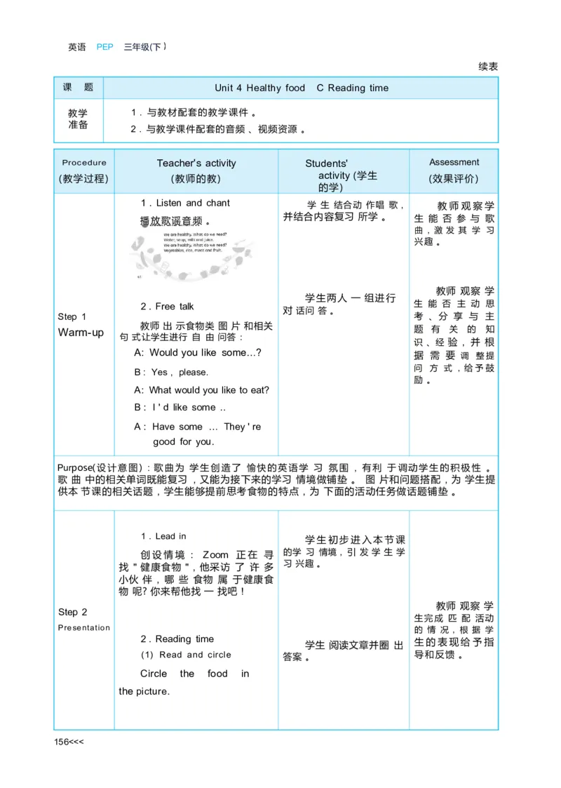 Unit4Healthyfood_26春四年级上下册人教版_四上英语合集人教版PEP英语四年级上册新教材（教学视频+课件+动画+音频+练习+教案）_19同步教案课件_人教pep3_3-6下册_《状元大课堂教案》25春