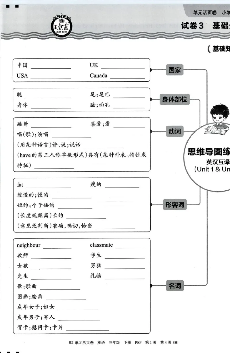 三年级英语人教PEP版25春《王朝霞单元活页卷》（A4版）_26春四年级上下册人教版_四上英语合集人教版PEP英语四年级上册新教材（教学视频+课件+动画+音频+练习+教案）_17练习资料_2025春