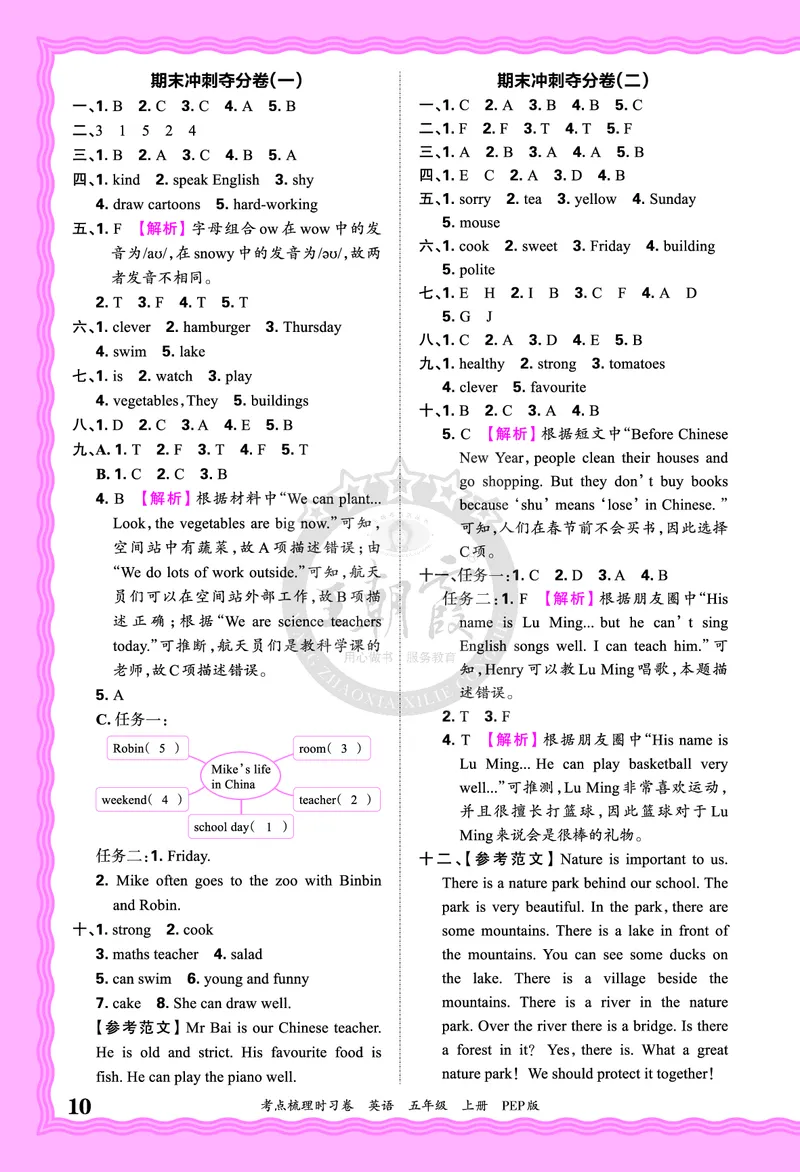 五年级英语上册人教PEP版24秋《王朝霞考点梳理时习卷》答案_26春四年级上下册人教版_四上英语合集人教版PEP英语四年级上册新教材（教学视频+课件+动画+音频+练习+教案）_17练习资料