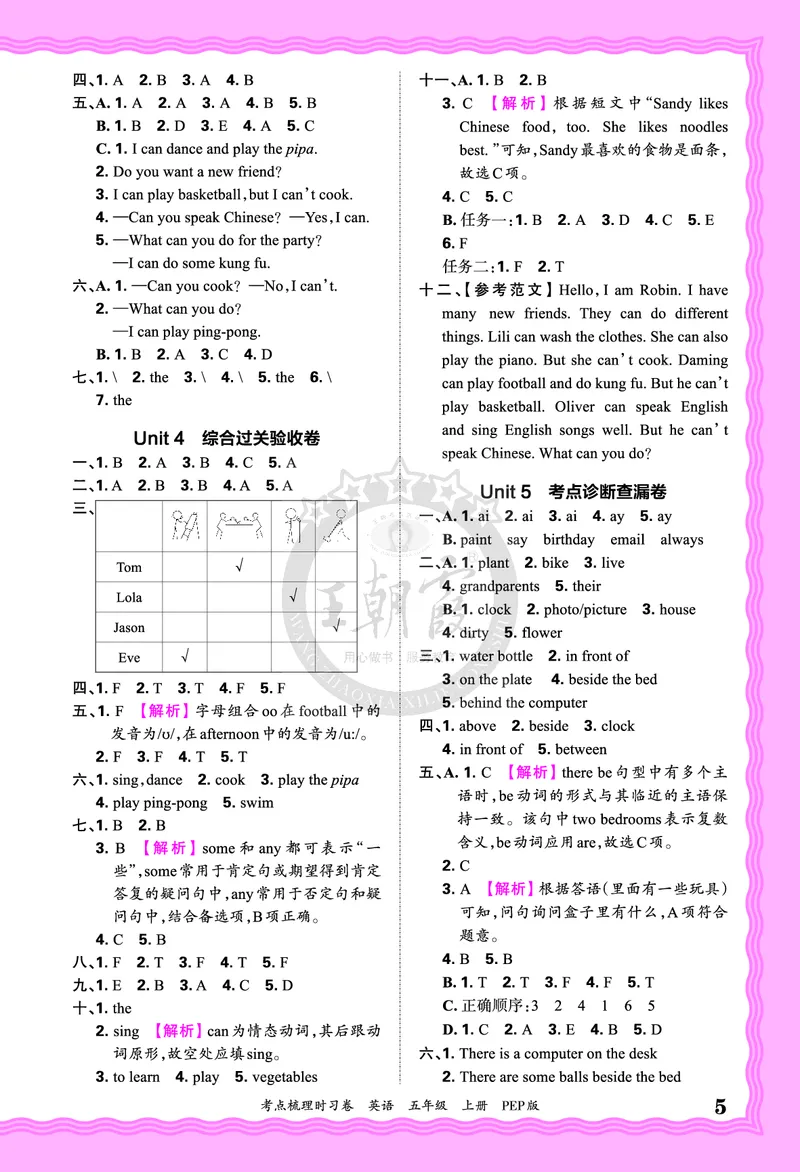 五年级英语上册人教PEP版24秋《王朝霞考点梳理时习卷》答案_26春四年级上下册人教版_四上英语合集人教版PEP英语四年级上册新教材（教学视频+课件+动画+音频+练习+教案）_17练习资料