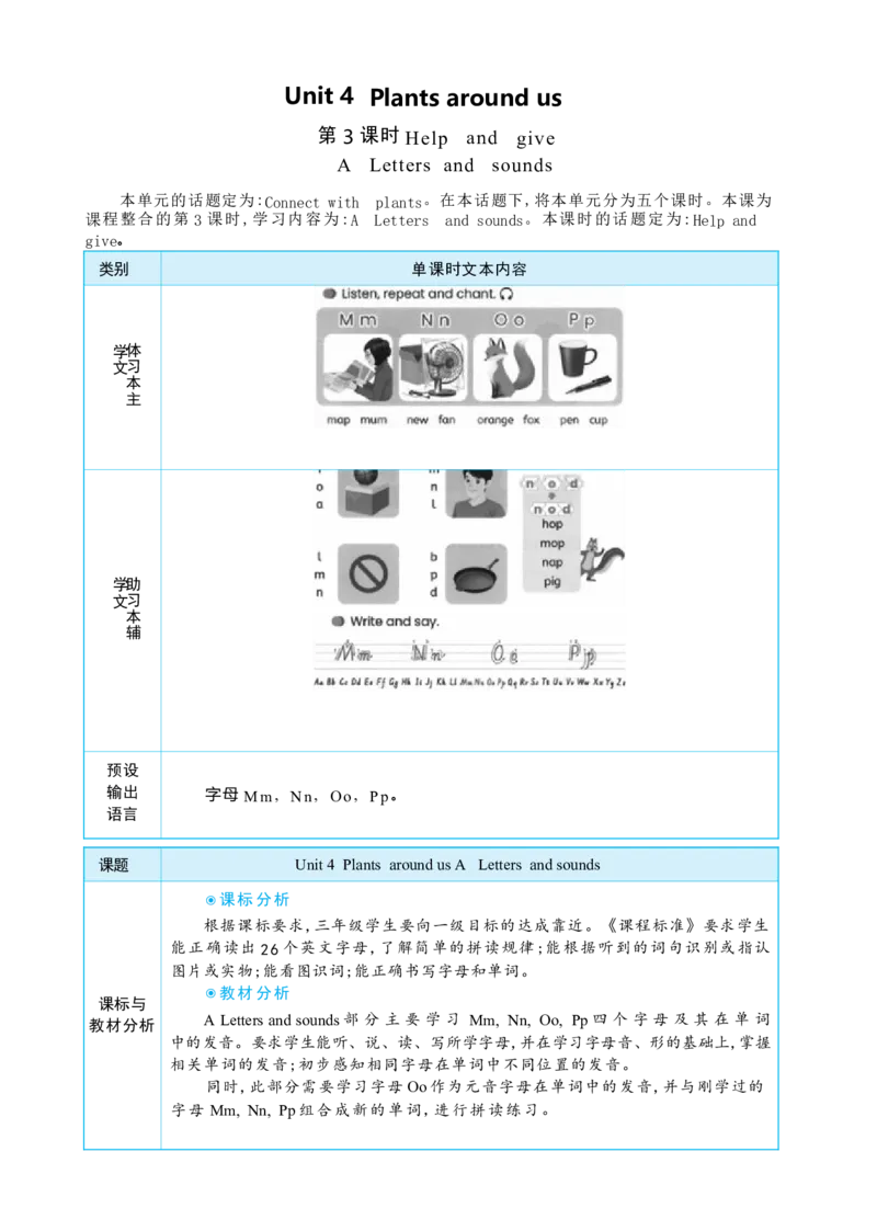 Unit4PlantsaroundusPartALettersandsounds大单元整体教学设计_26春四年级上下册人教版_四上英语合集人教版PEP英语四年级上册新教材（教学视频+课件+动画+音频+练习+教案）_人教pep3_Unit4