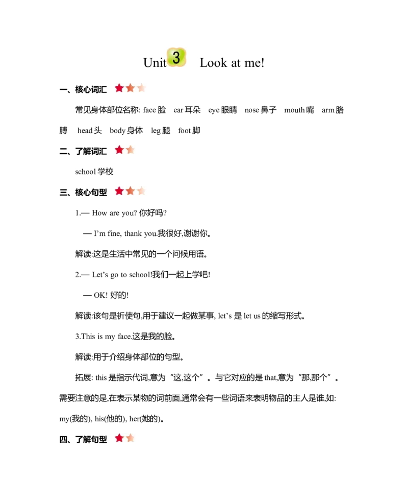 Unit3知识清单_26春四年级上下册人教版_四上英语合集人教版PEP英语四年级上册新教材（教学视频+课件+动画+音频+练习+教案）_19同步教案课件_人教pep3_3-6年级上册_Unit3Lookatme!