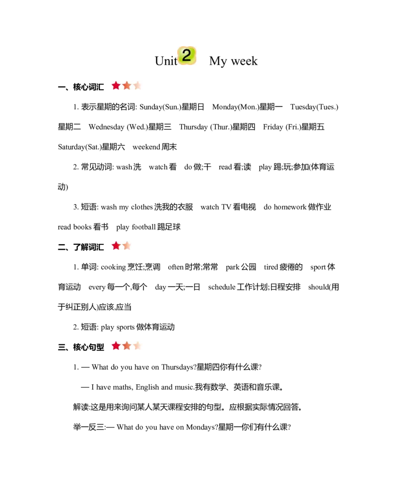 Unit2知识清单_26春四年级上下册人教版_四上英语合集人教版PEP英语四年级上册新教材（教学视频+课件+动画+音频+练习+教案）_19同步教案课件_人教pep3_3-6年级上册_Unit2Myweek_单元复习