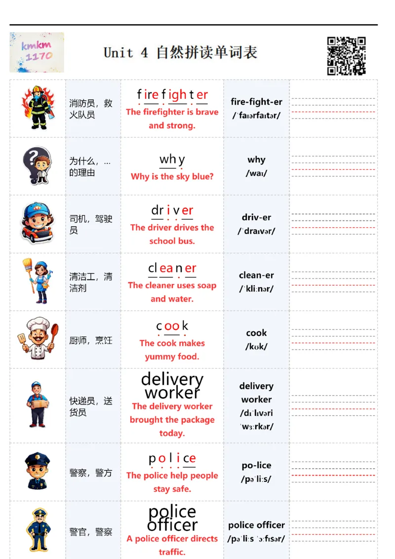 U4自然拼读单词表_26春四年级上下册人教版_四上英语合集人教版PEP英语四年级上册新教材（教学视频+课件+动画+音频+练习+教案）_09自然拼读单词表配扫码音频（pdf）