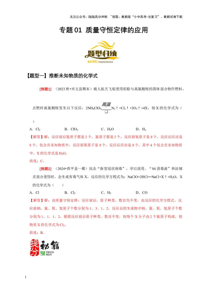 专题01质量守恒定律的应用（解析版）_02中考总复习（2026版更新中）_05-化学-中考总复习_2024年中考复习资料_二轮复习资料_2024年中考化学二轮专项复习核心考点讲解与必刷题型