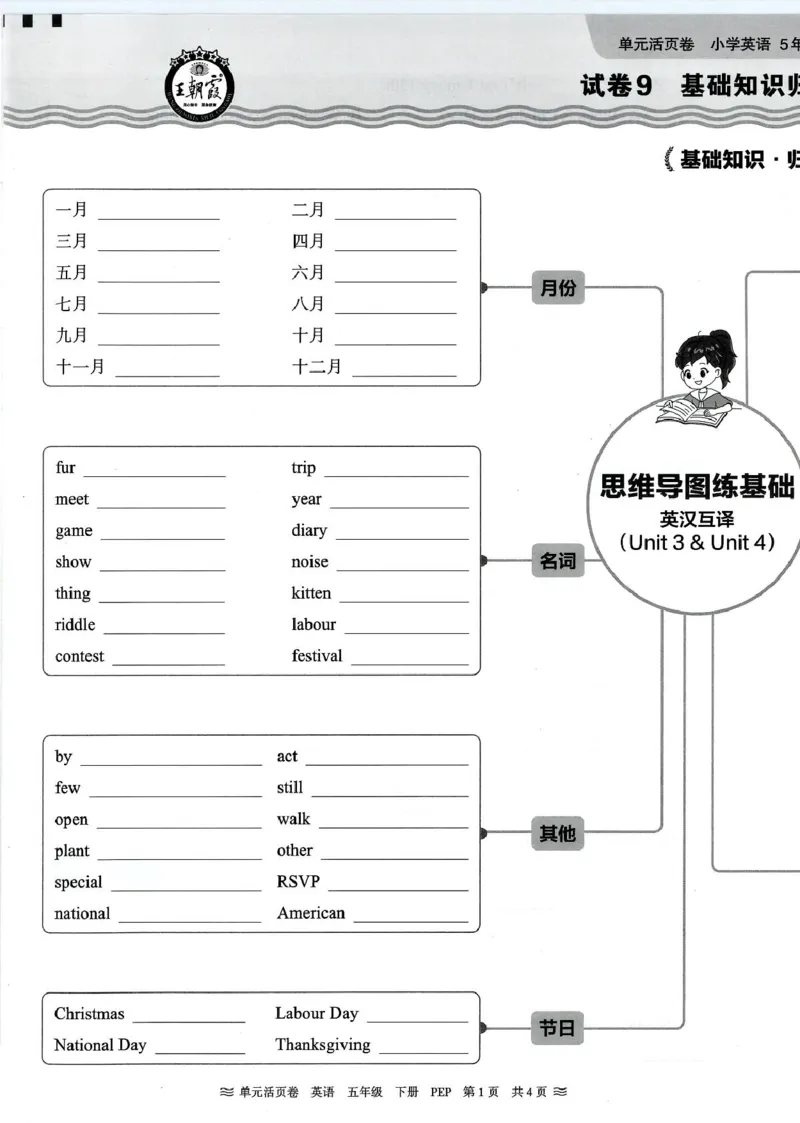 五年级英语人教PEP版25春《王朝霞单元活页卷》（A4版）_26春四年级上下册人教版_四上英语合集人教版PEP英语四年级上册新教材（教学视频+课件+动画+音频+练习+教案）_17练习资料_2025春