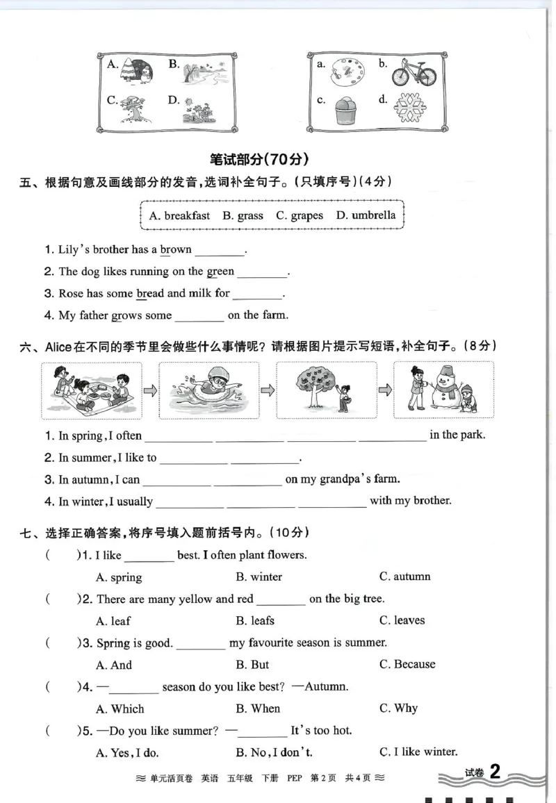五年级英语人教PEP版25春《王朝霞单元活页卷》（A4版）_26春四年级上下册人教版_四上英语合集人教版PEP英语四年级上册新教材（教学视频+课件+动画+音频+练习+教案）_17练习资料_2025春