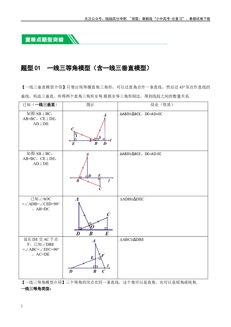 ❤重难点08全等三角形8种模型（一线三等角、手拉手模型、倍长中线、截长补短、婆罗摩笈多、半角模型、平行线中点模型与雨伞模型）（原卷版）_02中考总复习（2026版更新中）