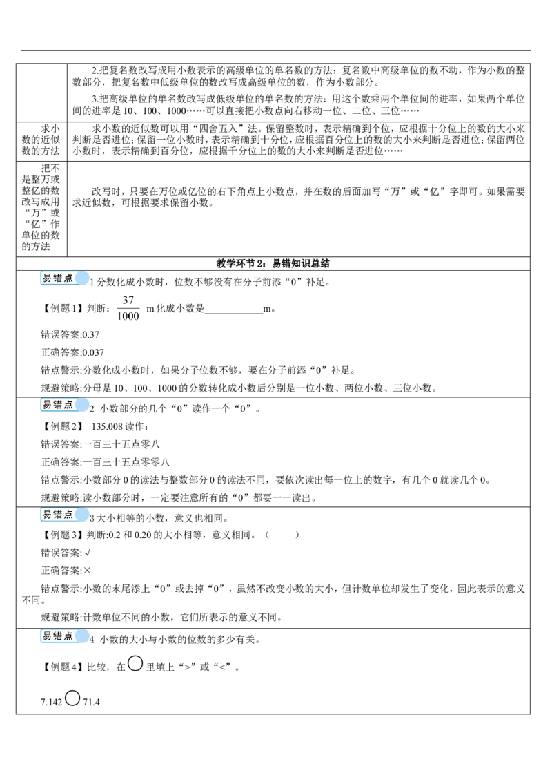 单元重点知识归纳与易错总结_2026春人教版数学四年级下册_四下人教数学_四年级下册_教案_教案2+导学案人教四下数学_导学案_4小数的意义和性质