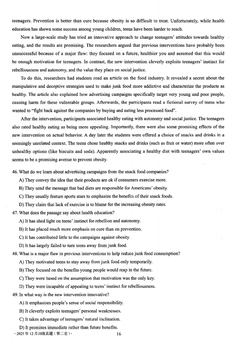 2025.12四级真题第2套_大学英语四六级_大学英语四级+六级_四级真题_四级真题_2025年12月CET4题+答案+音频新