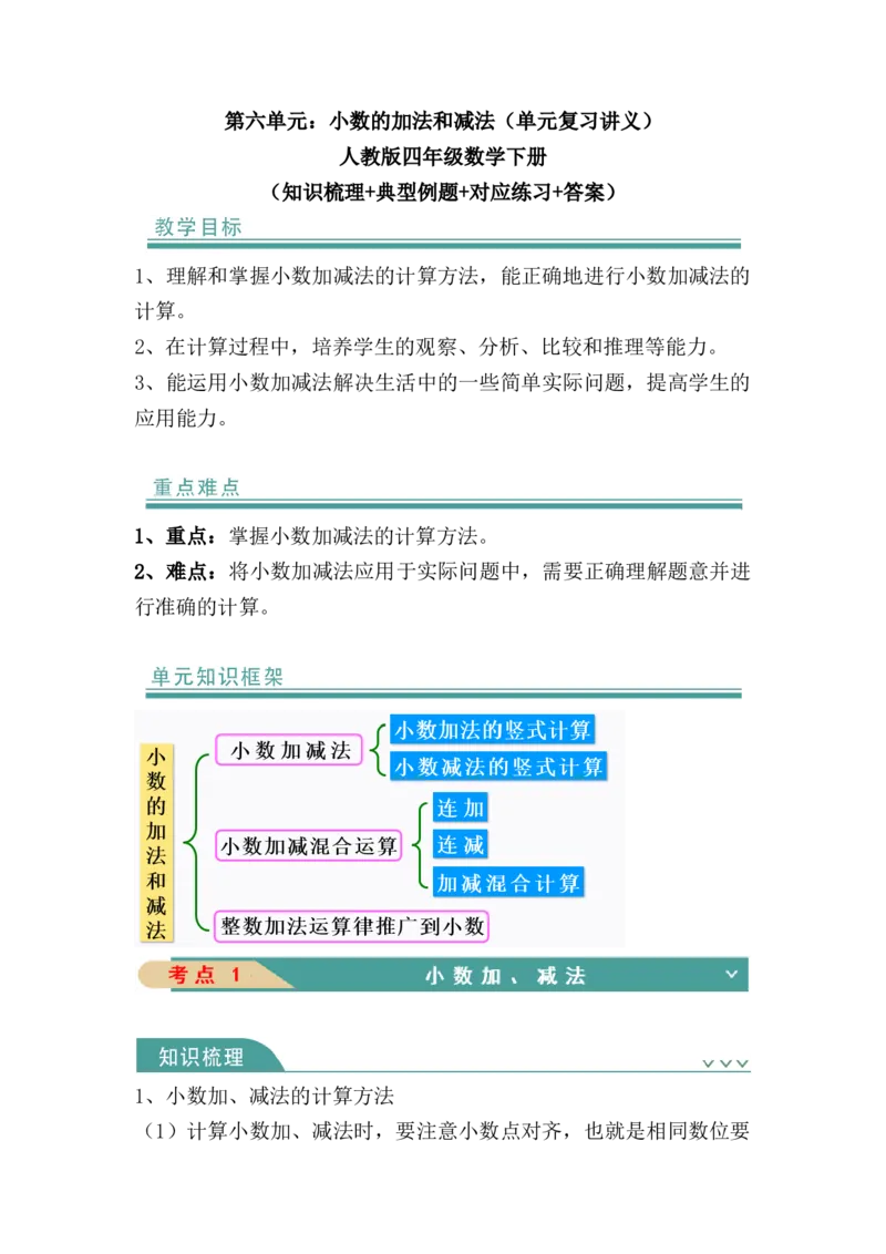 第六单元：小数的加法和减法（知识清单）-四年级数学下册人教版_2026春人教版数学四年级下册_四下人教数学_四年级下册_知识清单