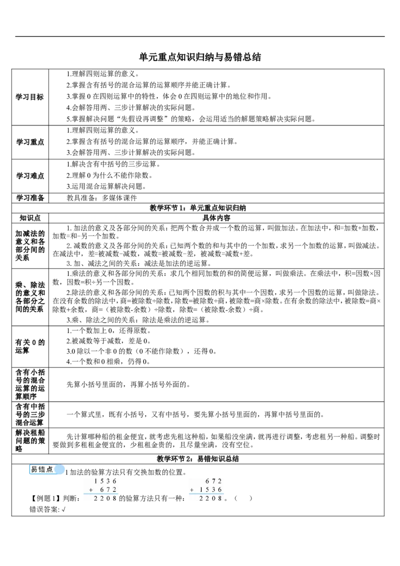 单元重点知识归纳与易错总结_2026春人教版数学四年级下册_四下人教数学_四年级下册_教案_教案2+导学案人教四下数学_导学案_1四则运算