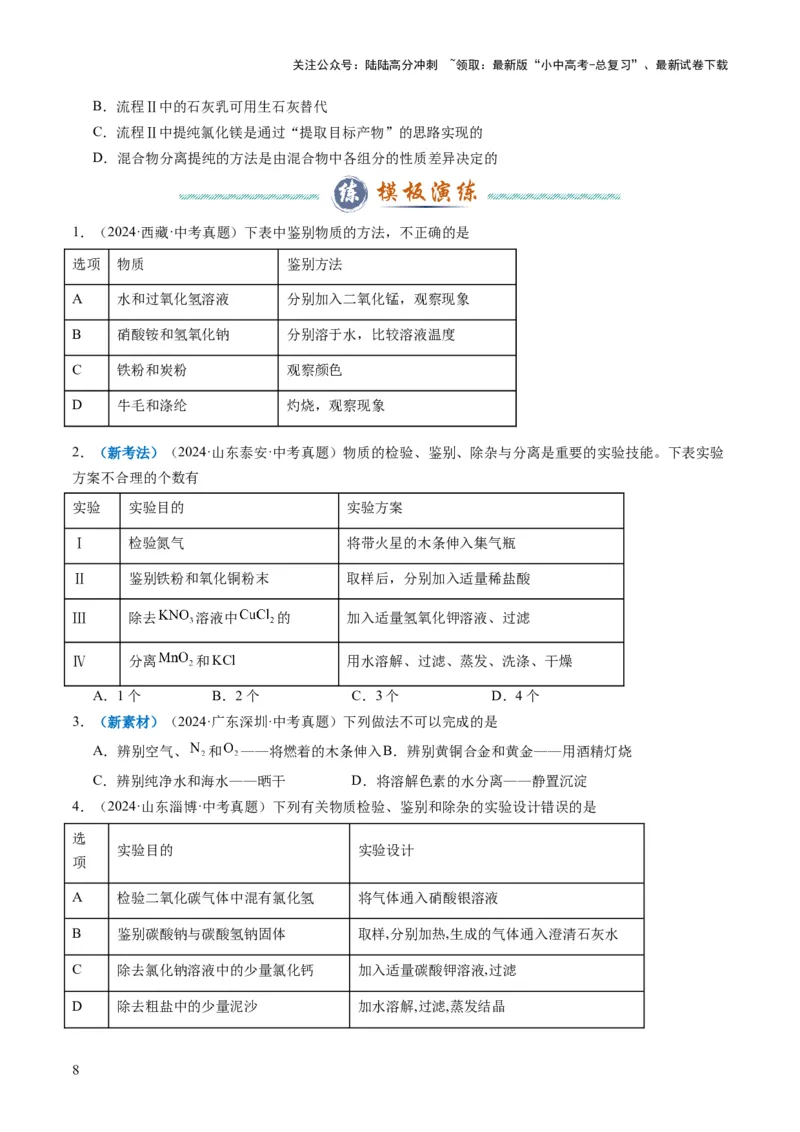 专题04物质的检验、鉴别、除杂与分离（原卷版）_02中考总复习（2026版更新中）_05-化学-中考总复习_2025年中考复习资料_2025年中考化学答题方法模板