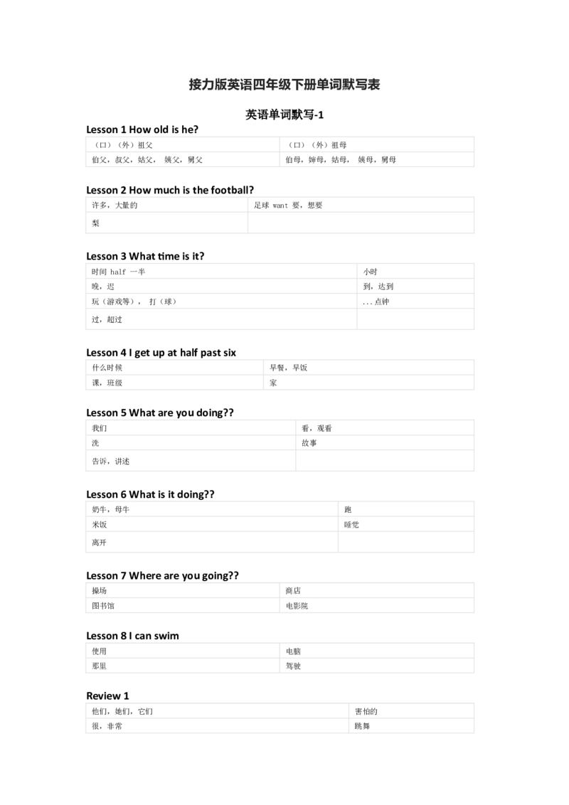 接力版英语四年级下册单词默写表_26春四年级上下册人教版_四上英语合集人教版PEP英语四年级上册新教材（教学视频+课件+动画+音频+练习+教案）_17练习资料_《小学英语单词默写表》