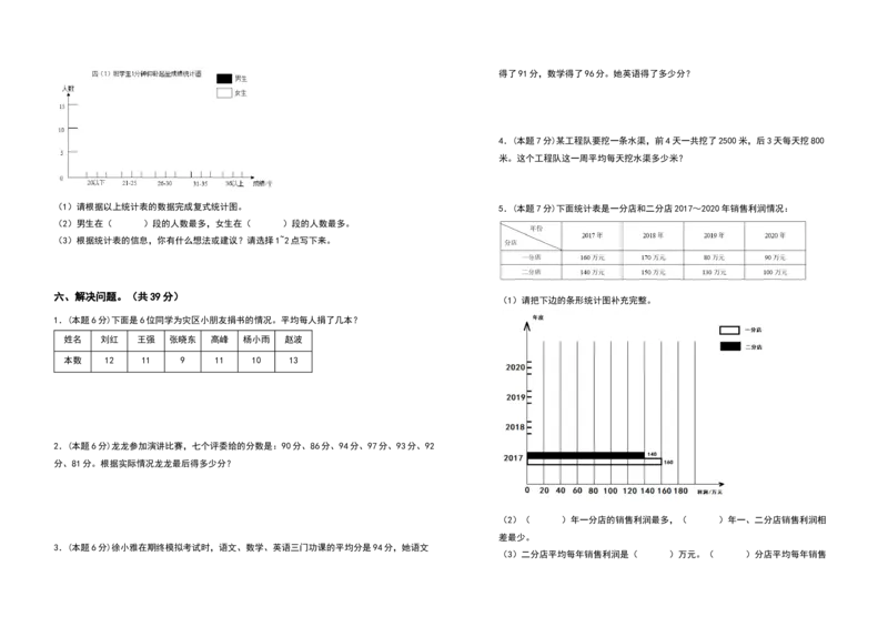 四年级数学下册第八单元平均数与条形统计图检测卷（基础卷）（含答案）人教版_2026春人教版数学四年级下册_四下人教数学_四年级下册_专项练习
