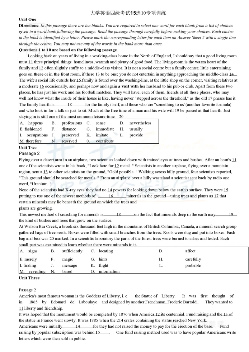 大学英语四级考试15选10专项训练(1)_大学英语四六级_赠送_四六级作文模板+单词_阅读
