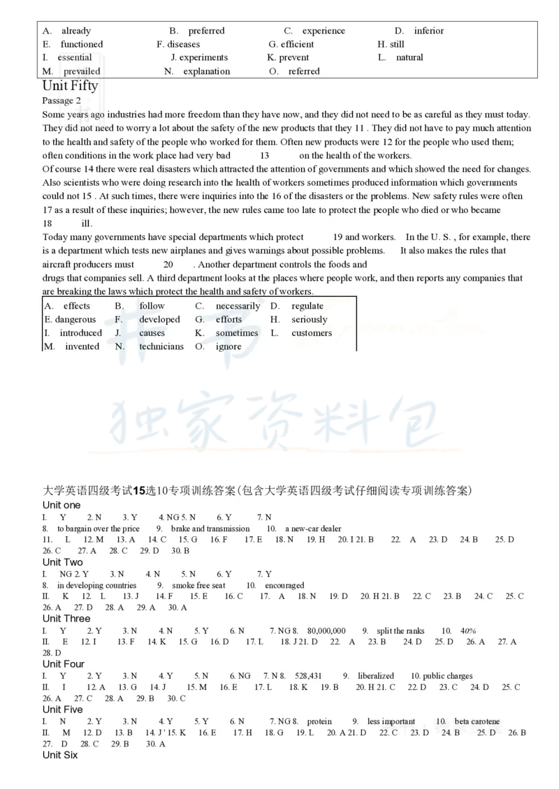 大学英语四级考试15选10专项训练(1)_大学英语四六级_赠送_四六级作文模板+单词_阅读