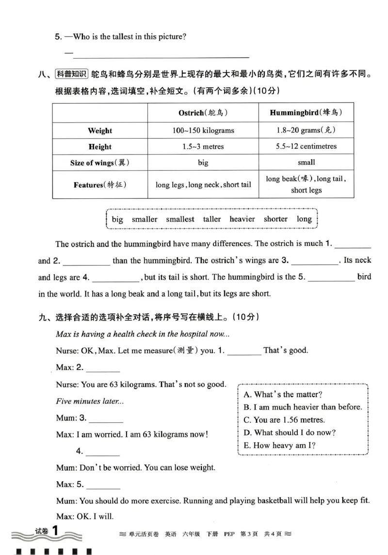 六年级英语人教PEP版25春《王朝霞单元活页卷》（A4版）_26春四年级上下册人教版_四上英语合集人教版PEP英语四年级上册新教材（教学视频+课件+动画+音频+练习+教案）_17练习资料_2025春
