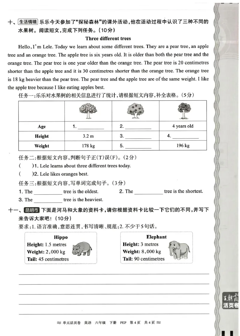 六年级英语人教PEP版25春《王朝霞单元活页卷》（A4版）_26春四年级上下册人教版_四上英语合集人教版PEP英语四年级上册新教材（教学视频+课件+动画+音频+练习+教案）_17练习资料_2025春