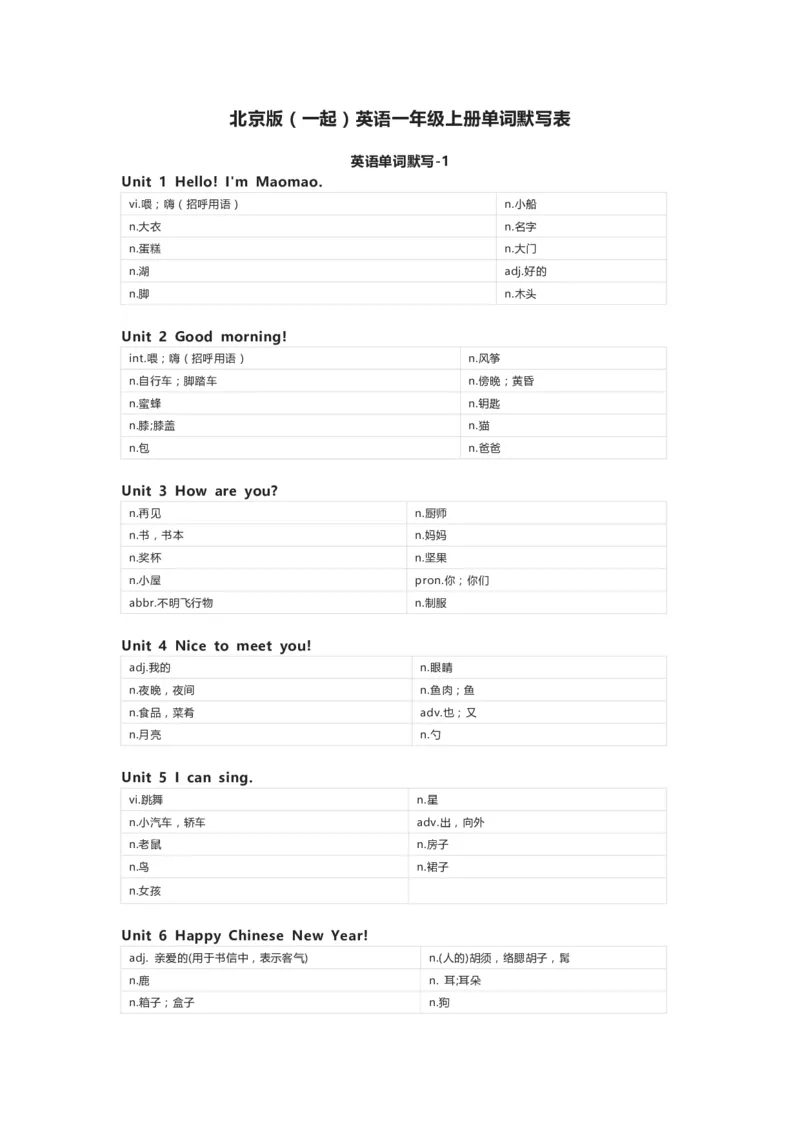 北京版（一起）英语一年级上册单词默写表_26春四年级上下册人教版_四上英语合集人教版PEP英语四年级上册新教材（教学视频+课件+动画+音频+练习+教案）_17练习资料_北京版