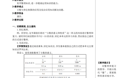 整理和复习教案_2026春人教版数学四年级下册_四下人教数学_四年级下册_教案_教案2+导学案人教四下数学_教案_4小数的意义和性质