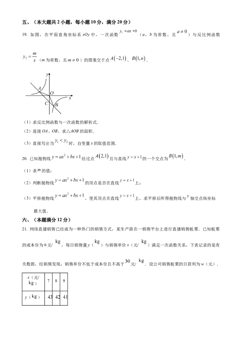精品解析：安徽省亳州市利辛县2024一2025学年上学期义务教育数学质量监测九年级试题(中考一模数学试题)（原卷版）_2025年安徽省中考模拟试卷数学_2025年安徽数学一模卷62份