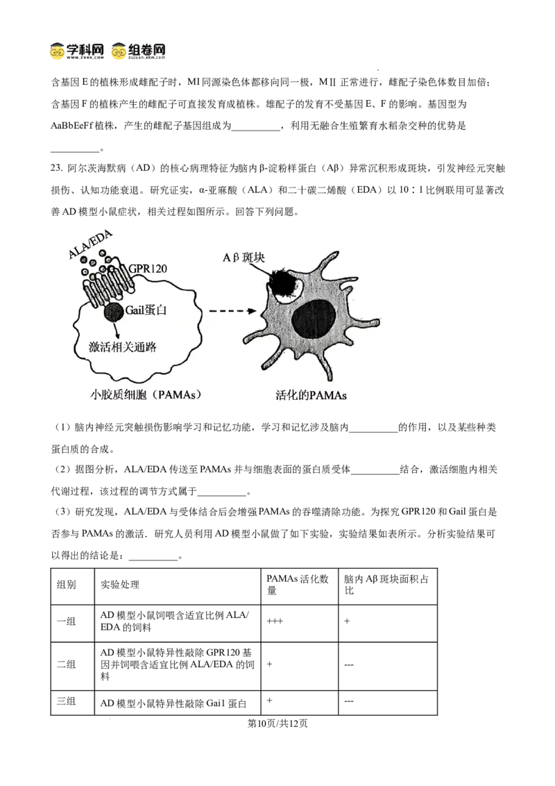 精品解析：2026届山东省东营市高三一模生物试题（原卷版）