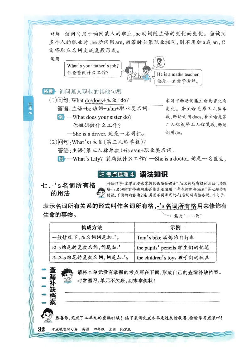 四年级英语上册人教PEP版24秋《王朝霞考点梳理时习卷》考点梳理手册_26春四年级上下册人教版_四上英语合集人教版PEP英语四年级上册新教材（教学视频+课件+动画+音频+练习+教案）