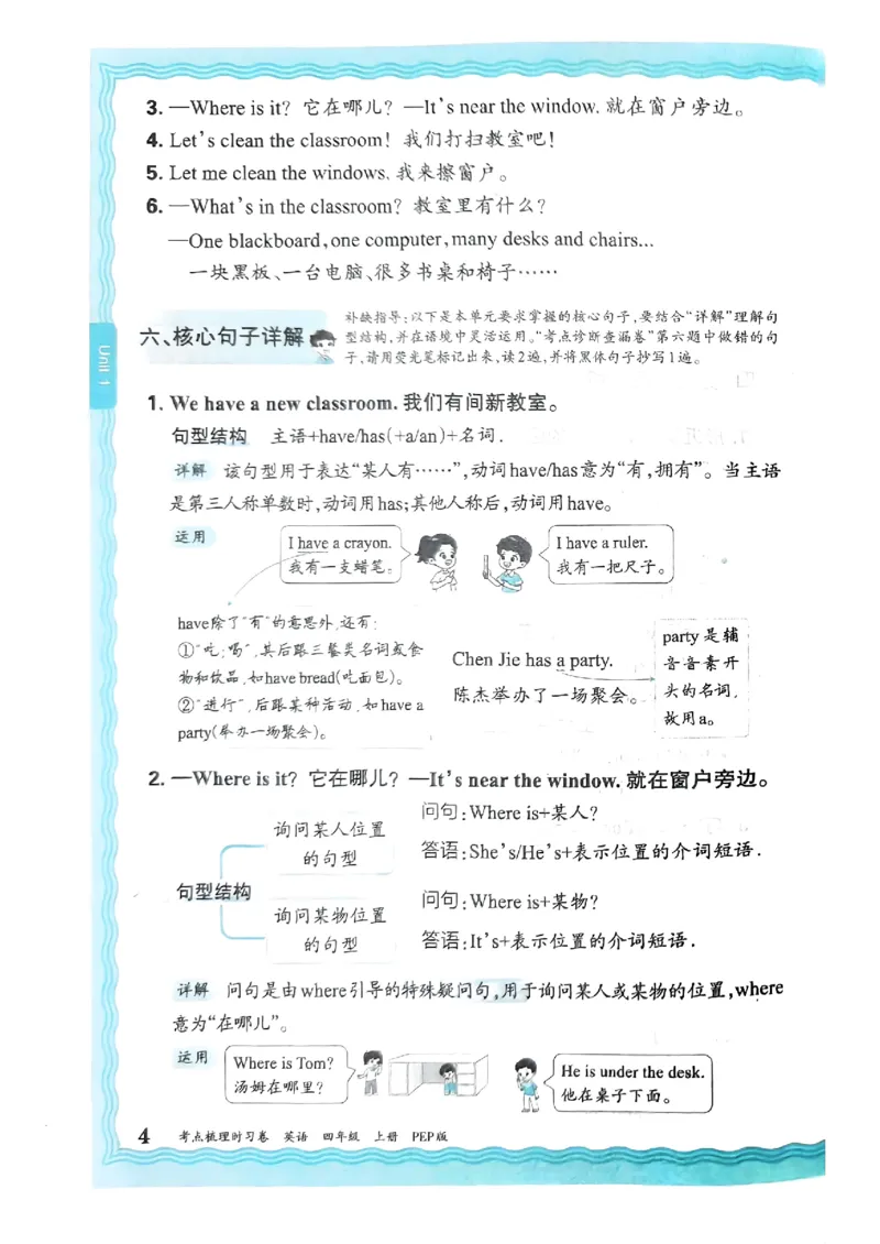 四年级英语上册人教PEP版24秋《王朝霞考点梳理时习卷》考点梳理手册_26春四年级上下册人教版_四上英语合集人教版PEP英语四年级上册新教材（教学视频+课件+动画+音频+练习+教案）