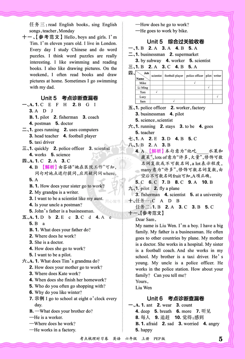 六年级英语上册人教PEP版24秋《王朝霞考点梳理时习卷》答案_26春四年级上下册人教版_四上英语合集人教版PEP英语四年级上册新教材（教学视频+课件+动画+音频+练习+教案）_17练习资料