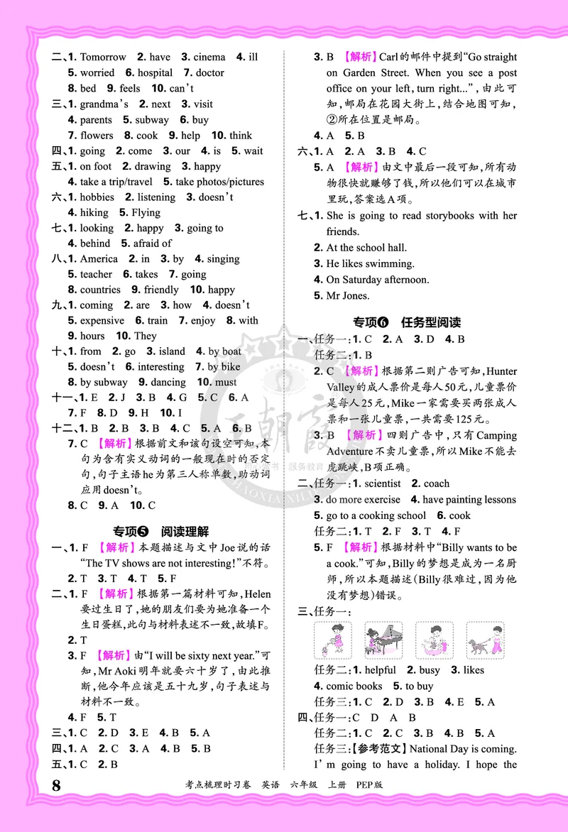六年级英语上册人教PEP版24秋《王朝霞考点梳理时习卷》答案_26春四年级上下册人教版_四上英语合集人教版PEP英语四年级上册新教材（教学视频+课件+动画+音频+练习+教案）_17练习资料