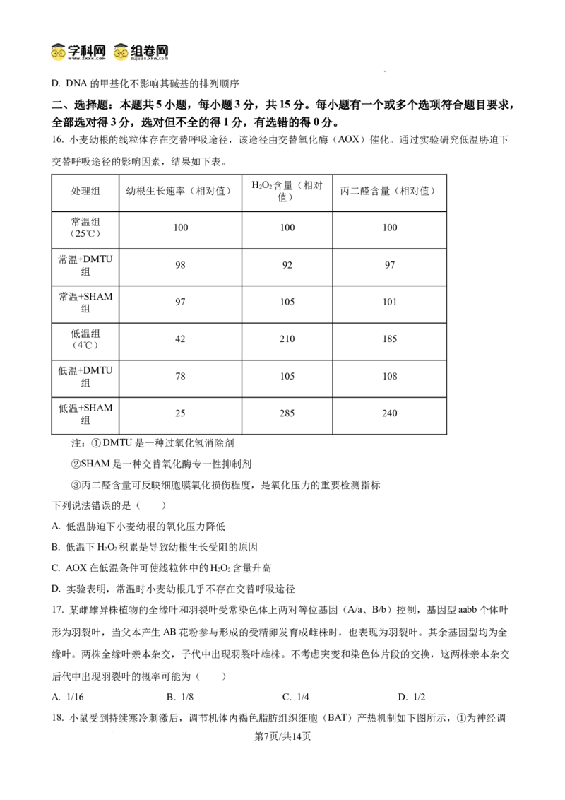 精品解析：山东省滨州市2026届高三下学期一模考试生物试题（原卷版）