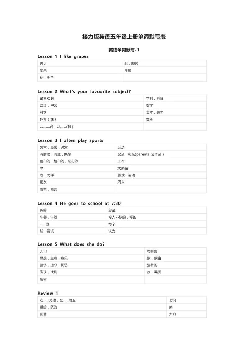 接力版英语五年级上册单词默写表_26春四年级上下册人教版_四上英语合集人教版PEP英语四年级上册新教材（教学视频+课件+动画+音频+练习+教案）_17练习资料_《小学英语单词默写表》