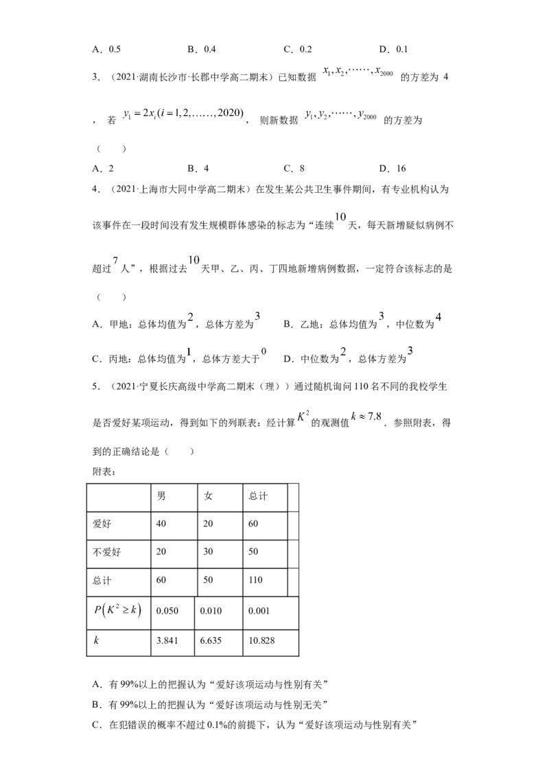 01卷第九章　统计与统计案例《过关检测卷》－2022年高考一轮数学单元复习（新高考专用）(原卷版)_02高考数学_新高考复习资料_2022年新高考资料_第09章　统计与统计案例