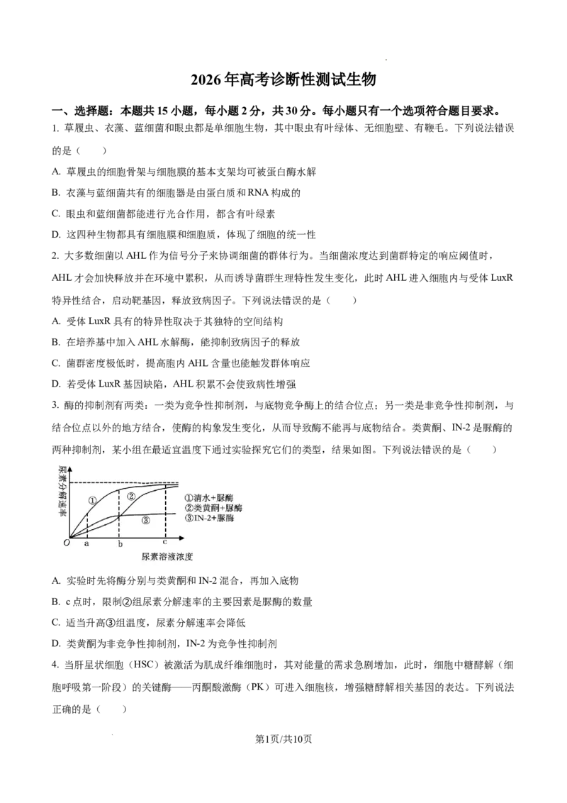 精品解析：2026届山东省烟台市高三下学期一模生物试题（原卷版）
