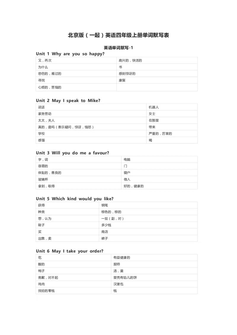 北京版（一起）英语四年级上册单词默写表_26春四年级上下册人教版_四上英语合集人教版PEP英语四年级上册新教材（教学视频+课件+动画+音频+练习+教案）_17练习资料_北京版