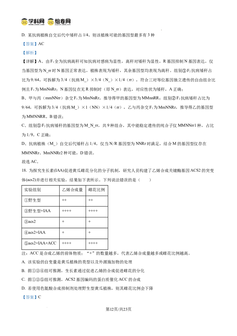精品解析：2026届山东德州市高三下学期一模考试生物试题（解析版）