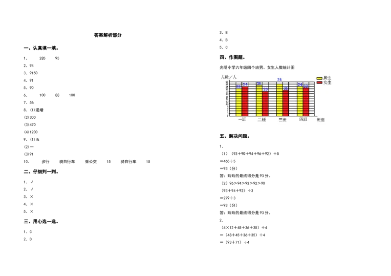 四年级数学下册第八单元平均数与条形统计图检测卷（提高卷）（含答案）人教版_2026春人教版数学四年级下册_四下人教数学_四年级下册_专项练习