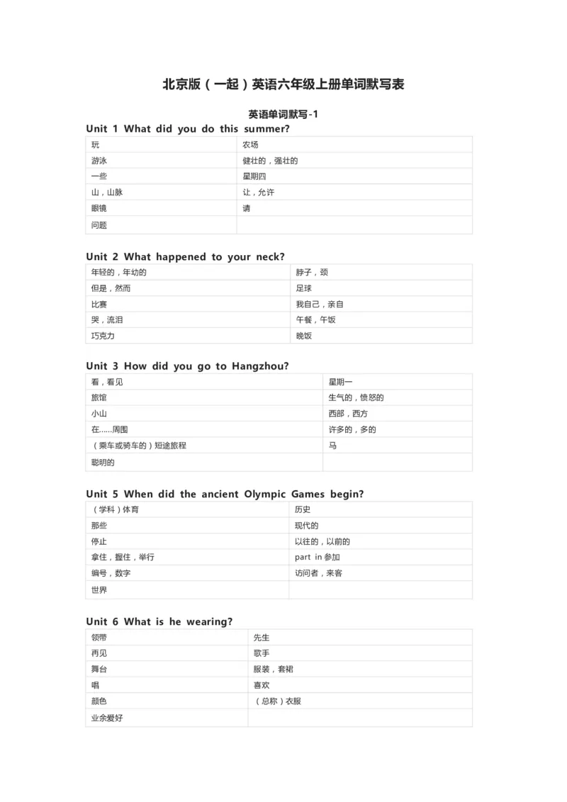 北京版（一起）英语六年级上册单词默写表_26春四年级上下册人教版_四上英语合集人教版PEP英语四年级上册新教材（教学视频+课件+动画+音频+练习+教案）_17练习资料_北京版